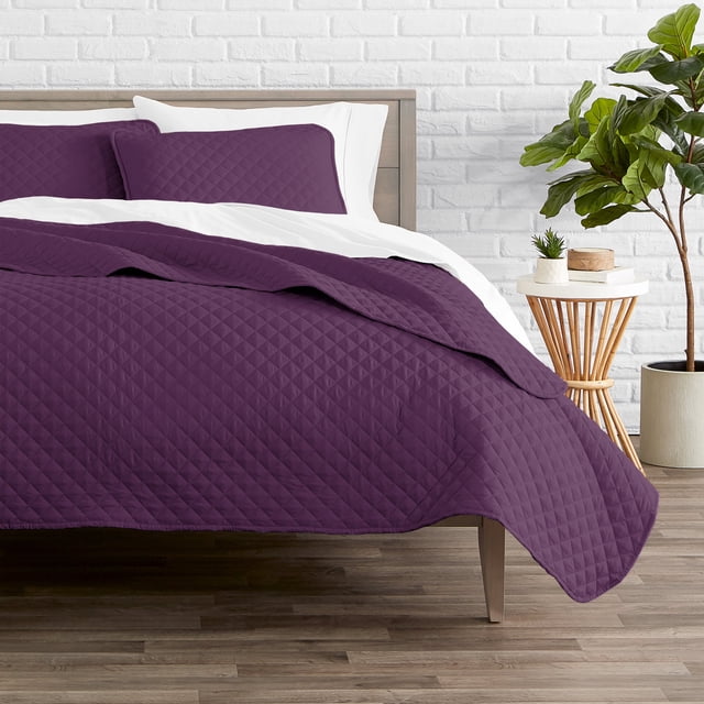 Bare Home Quilt Set - 3 Piece - Diamond Stitched Bedspread Coverlet - Full/Queen, Plum