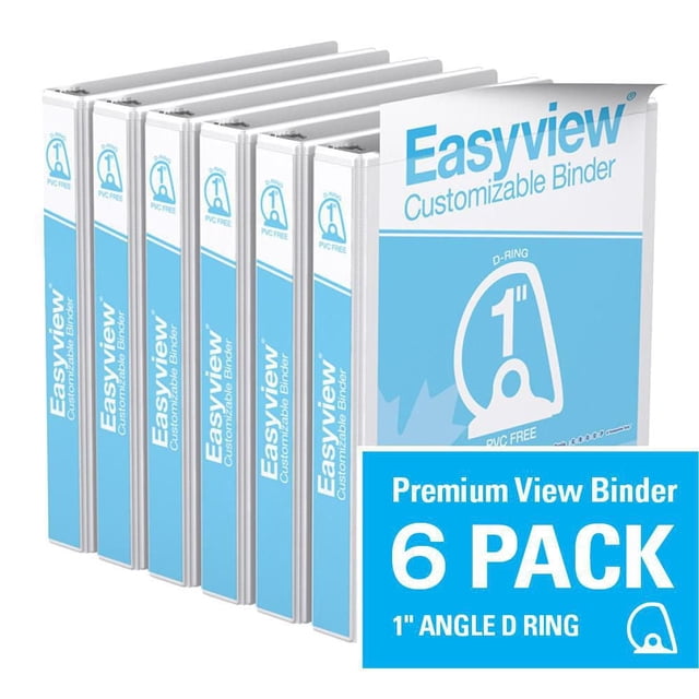 Davis Group Easyview Premium D Ring Customizable View Binder 6 Pack 1 inch, six white binders with clear overlay on front, spine, and back covers, featuring back-mounted 1 inch angle D rings for flat page laying, made from PVC-free polypropylene and recycled board with 85% post-consumer waste, ideal for presentations and reports.