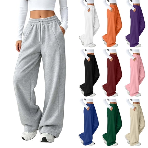 Womens Wide Leg Sweatpants Baggy Fall Winter Lounge Sweat Pants, Drawstring Elastic Waist Cotton Blend Wide Leg Pants with Pockets