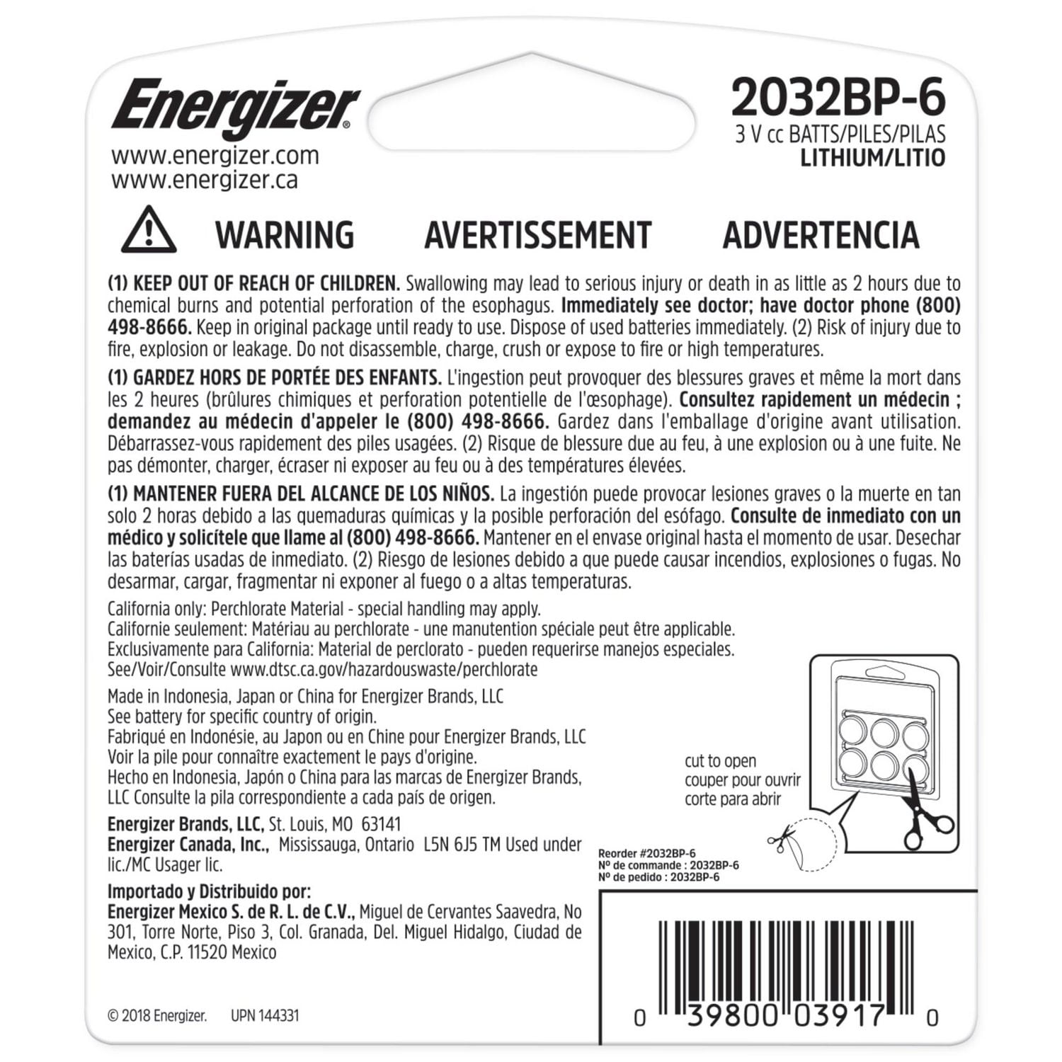 Pile miniature Energizer 2032 au lithium, emballage de 6