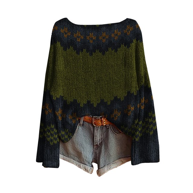 WTXUE Chandail Rétro Fair Isle Vintage pour Femmes à Imprimé Artistique, Chandail Léger Surdimensionné à Manches Longues, Col Rond, Chandail Mignon Vintage, Chandails Décontractés Amples en Tricot, Tuniques, Hauts Vert Noirâtre 3TG