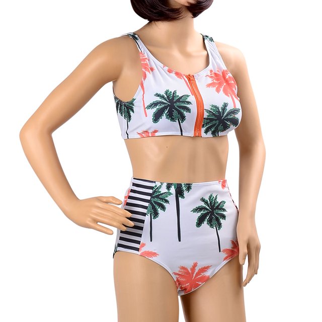 Women's Coconut Tree Print High Waist Bikini Set Bathing Suit
