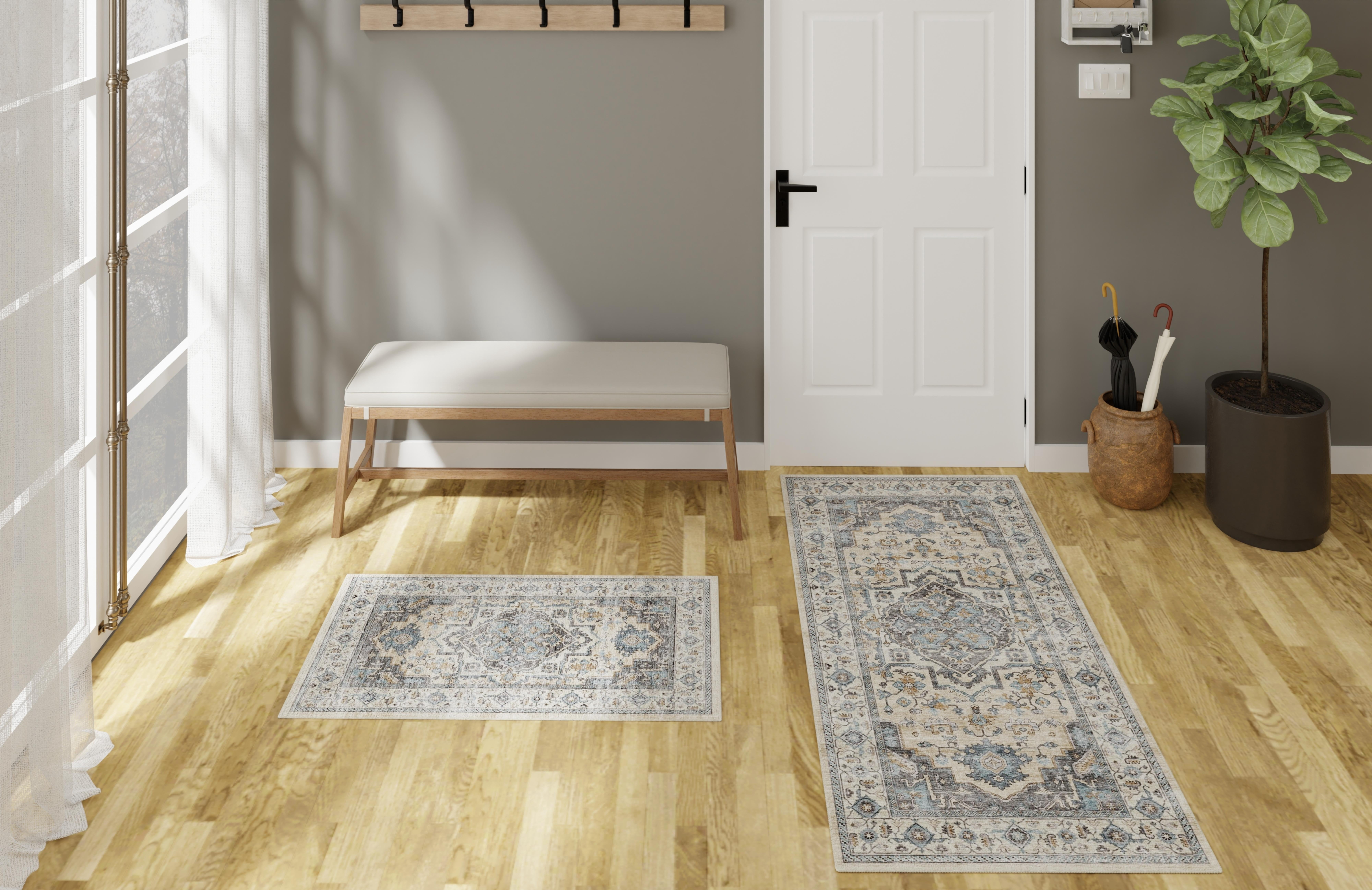 Mainstays Ensemble de Tapis d’appoint lavables de style persan, bleu, Tapis pour Entrée et Cuisine, paquet de 2, 18 x 30 et 24 x 48
