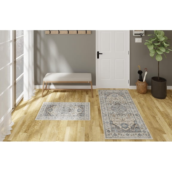 Mainstays 2 pack Traditional Pattern Velvet Plush Blue, Machine Washable Accent Scatters Mats 2X4/18X30, Ideal for Hallway, Bedroom, Kitchen, Laundry Room