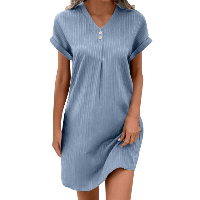 hotojiny Robes en Coton et Lin pour Femmes 2025 Amples à Boutons Col en V Robe T-Shirt Décontractée Unie à Manches Courtes Roulées Robes Mini de Plage