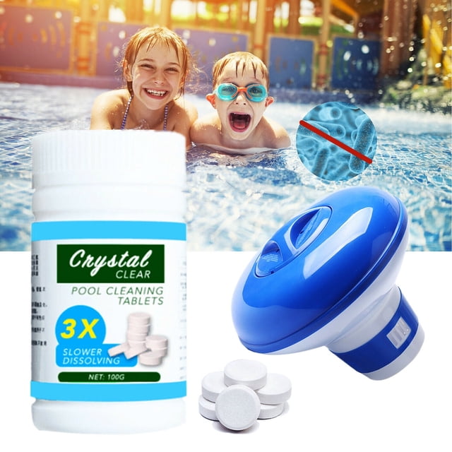 Comprimés de Nettoyage de Piscine 100 et Distributeur de Produits Chimiques au Chlore Flottant pour Spa. l'Image Présente un Distributeur de Chlore Flottant Blanc et Bleu, Diamètre de 5 Pouces, Conçu pour Libérer Automatiquement du Chlore dans les Piscines, spas et Bains. Accompagné d'Une Bouteille de Comprimés de Nettoyage de Piscine « Crystal Clear » avec une Formule à Dissolution 3X Plus Lente, le Distributeur Assure un Débit de Chlore Stable. l'Arrière-plan Montre des Enfants Jouant dans une Piscine, Mettant en Valeur Son application