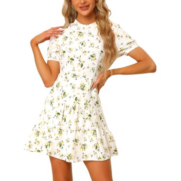 INSPIRE CHIC Robe d'Été Élégante pour Femme à Manches Courtes, Florale, au-Dessus du Genou, Blanche, TG
