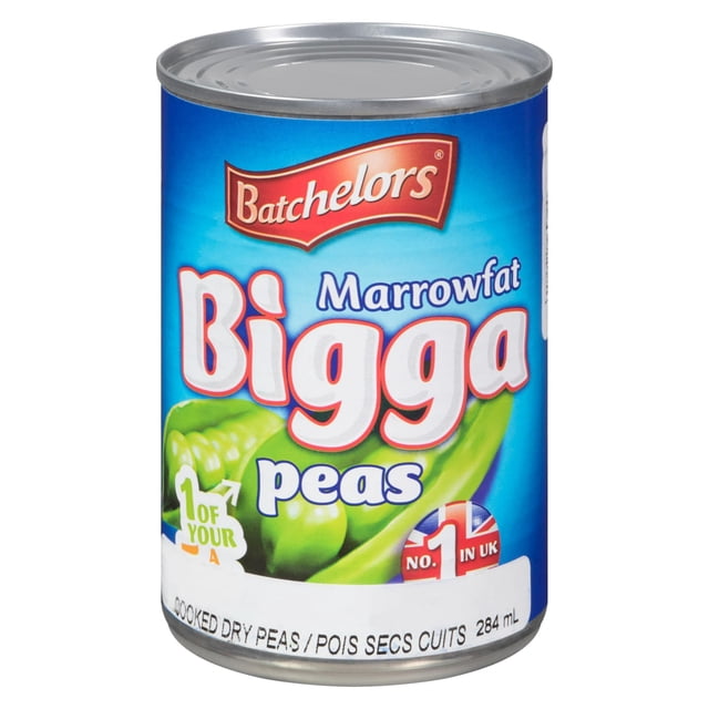 Batchelors Marrowfat Bigga Peas canned food in a 284 ml blue can featuring green marrowfat peas, processed in water with salt and sugar, a classic British side dish ideal for fish and chips and suitable for various recipes.