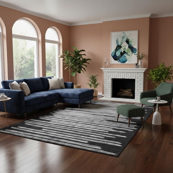 GarveeHome Black 10x14 Washable Area Rug for Living Room: Modern Striped Washable Living Room Area Rug Striped Modern Non Slip Low Pile Carpet for Bedroom Soft Stain-Resistant Carpet.
