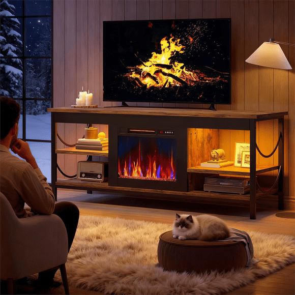 Pinmoco Meuble Télé avec Foyer Électrique pour Téléviseurs jusqu'à 65 Pouces, Centre de Divertissement de Jeu à DEL avec Étagères de Rangement Ouvertes pour Salon, Chambre, Rustique