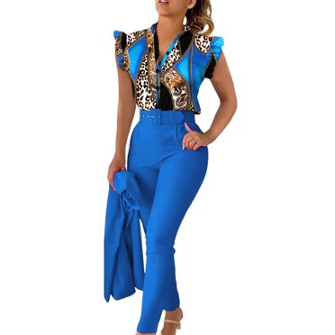 TJAZFJPA Two Piece Pants Set for Women Formal Women Casual Fashion Print Ruffle Sleeve Vest Shirt Blouse Betton Pant with Belt Set Suits Sweatsuits Women 2 Piece Outfit Cotton Womens Travel Outfit