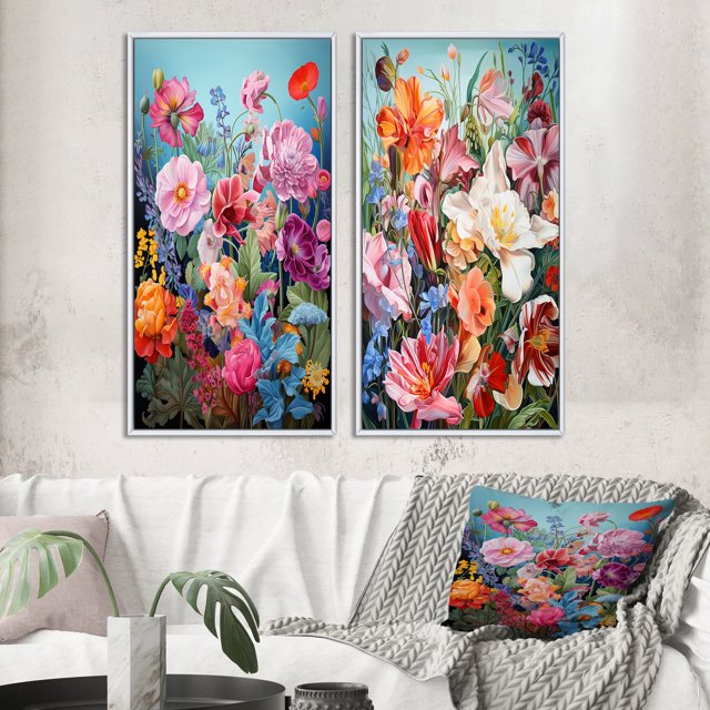 Designart "Mountain Spring Celebration of Wildflowers III" Wildflowers Framed Wall Art Set Of 2 - Traditional Pink Gallery Wall Frame Set For Home Decor
