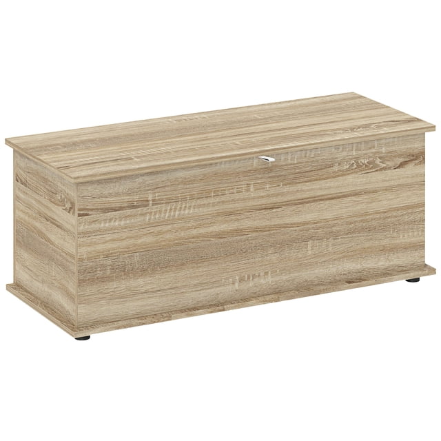 HOMCOM Lift Top Storage Chest with 2 Safety Hinges, Flip-Top Lid, Oak. This rectangular storage chest features a modern oak finish and a flip-top lid with two safety hinges for secure opening and closing. Made of durable particleboard, it supports up to 265 lbs (120 kg) on the lid and 132 lbs (60 kg) in the storage compartment. Measuring 39.4 inches wide, 15.7 inches deep, and 15.7 inches high, it offers ample storage space for various items. Suitable for use in living rooms, hallways, or offices, it includes four plastic foot pads for added stability. Assembly required.