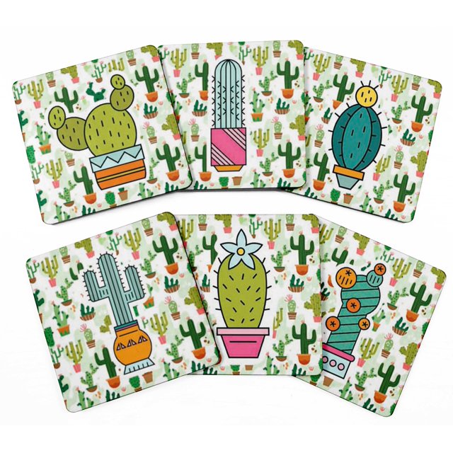 Inkdotpot Ensemble de 6 sous-Verres à Boisson Faciles à Nettoyer Base en Liège Carrée de 4 Pouces - Réutilisable - Cactus