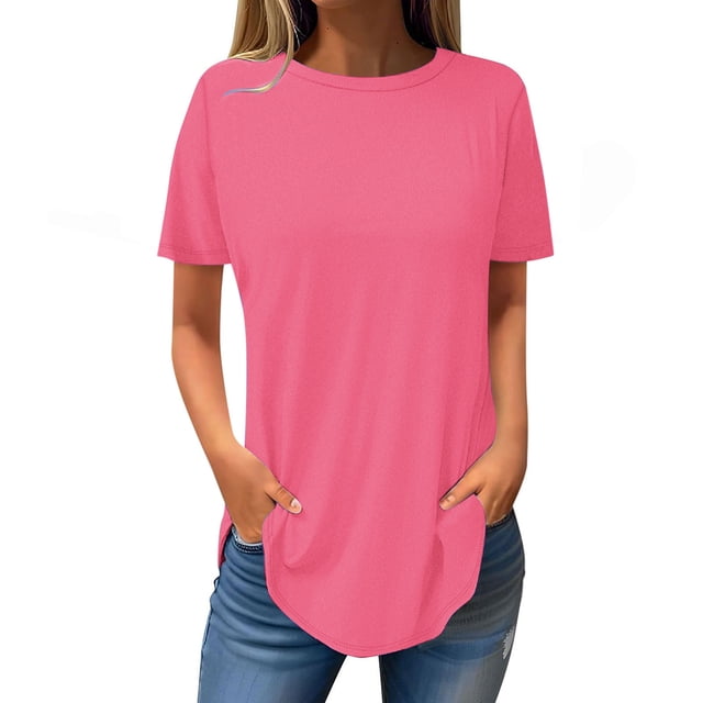 asjyhkr Womens Summer T-Shirts Crew Neck Loose Fitting Solid Color Stretch Basic Tees Going out Tops