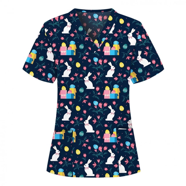 Pisexur Hauts de Sarrau d'Infirmière pour Femmes, Oeufs de Pâques, Lapin, Imprimé, Uniforme de Travail, Manches Courtes, Col en V, Blouse T-shirt de Tenue de Travail avec Poches