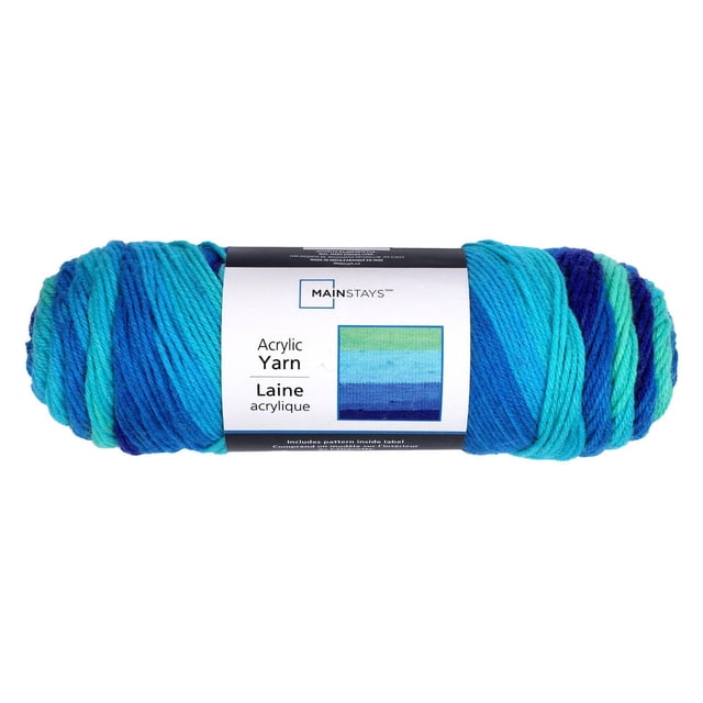 Mainstays Écheveau de Fil Acrylique de Poids Moyen en Acrylique 100 % worsted avec un Dégradé Multicolore de Nuances Bleues et Vertes, Enveloppé d'Une Étiquette Blanche Indiquant la Marque et le type de Fil, Idéal pour le Tricot et le Crochet à la Main, les Vêtements et les Projets de Déco Maison.