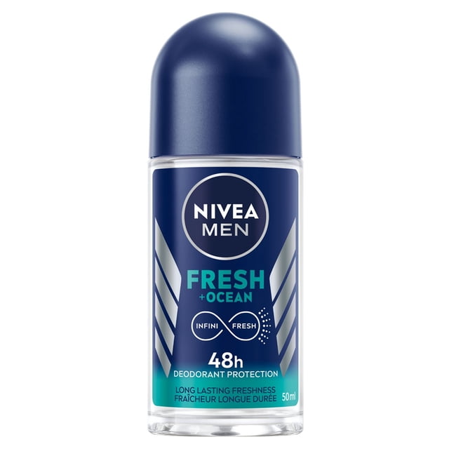 NIVEA Désodorisant à Bille Sans Aluminium Fresh Ocean pour Hommes, 50 ml, Vue de devant avec Capuchon Bleu Foncé et base Transparente, Offrant une protection contre le Déodorant pendant 48 Heures et une Formule Antibactérienne INFINIFRESH pour une Fraîcheur Longue Durée, Idéal pour les Soins du Corps Format Voyage et Tous les types de Peau.