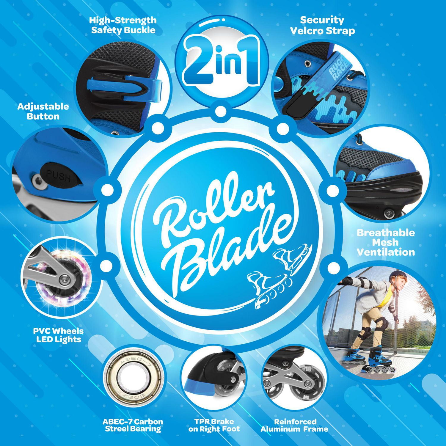 Rugged Racer Kids Adjustable and Convertible Rollerblade and Ice Skate - Medium - Blue