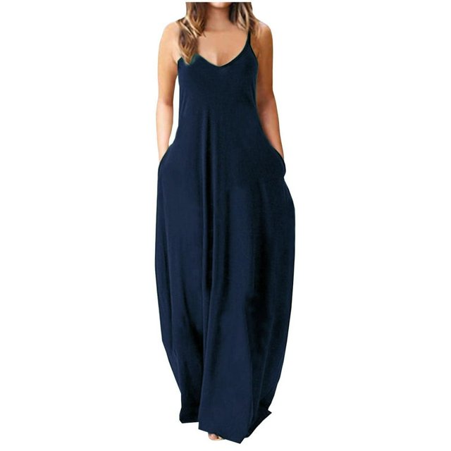 Robe Maxi d'Été pour Femmes Décontractée Bohème Longue Robe Sans Manches à Bretelles Smockée à Volants Longue Plage Soleil Robes