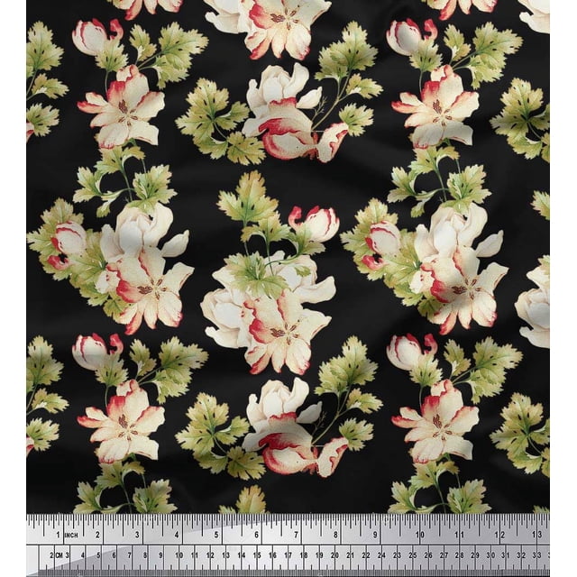 Soimoi Polyester Crepe Fabric Leaves & Magnolia Floral Printed Craft Fabric by The Yard 42 Inch Wide