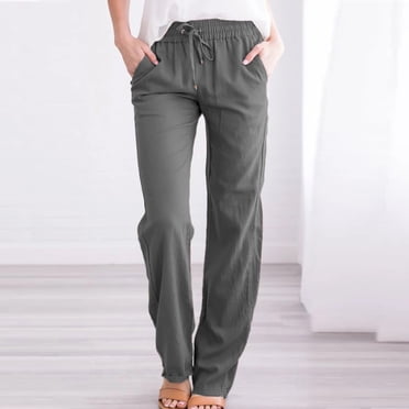 TIMIFIS Pants For Women Women Casual Cotton And Linen Solid Drawstring Elastic Waist Long Straight Pants Business Casual Pants For Women