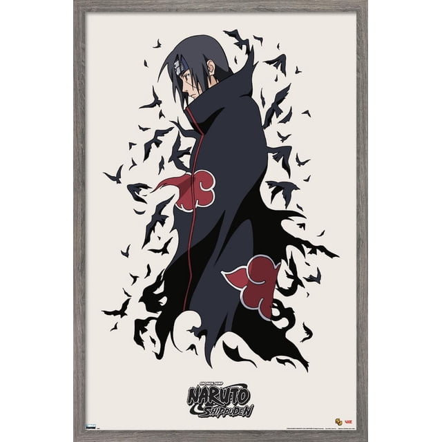 Naruto Shippuden - Affiche Murale d'Itachi Représentant un Profil Latéral d'Uchiha d'Itachi Portant une Cape Noire avec des motifs de Nuages Rouges, Entouré de Corbeau Noirs sur un Fond Clair, Encadré de Bois Gris, Convient à la Déco Murale d'Anime et de manga.