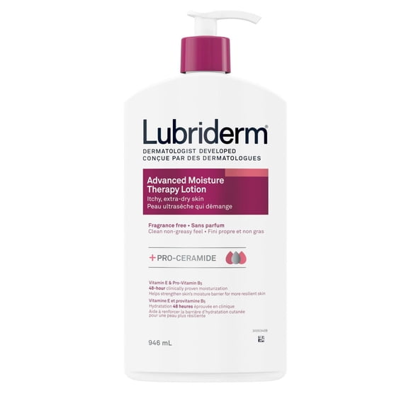 Lubriderm Lotion de Thérapie Hydratante Avancée, Vitamine E, Provitamine B5, Pro-Céramide, Peau Sèche, Sans Parfum