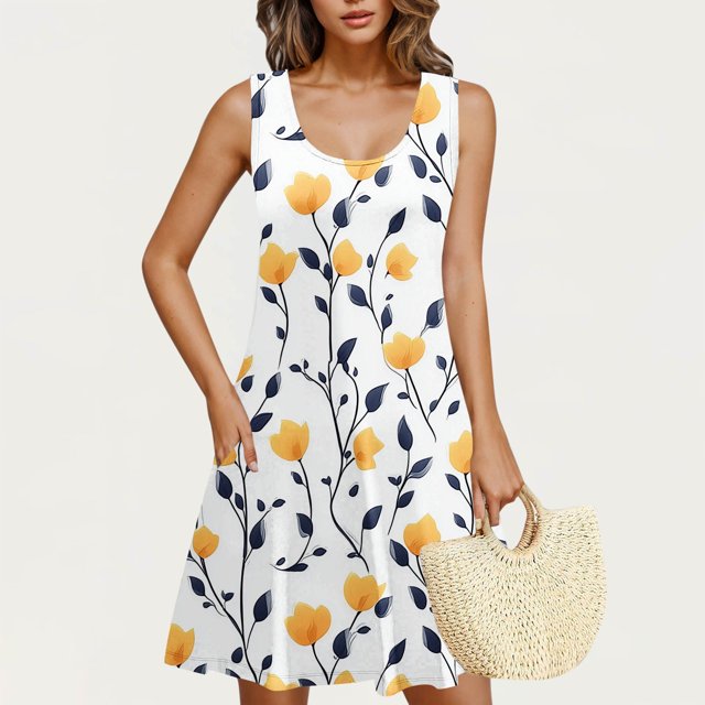 Ovzne Robes pour Femmes Robe Femme Imprimée Col Rond Décontractée Jupe Courte Robe avec Poches Robe de Printemps Imprimée Liquidation