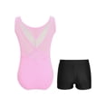 thumbnail image 2 of Moggemol Kids Girls Sheer Mesh Patchwork V-Back Dance Unitards Solid Color Sleeveless Bodysuit with Botty Shorts Set Pink 8, 2 of 7