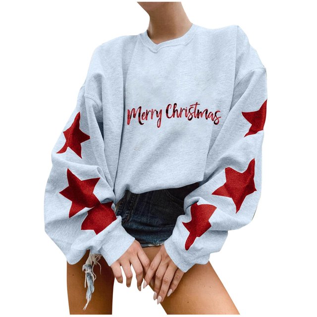 Pisexur Chandails en Molleton de Noël pour Femmes Manches Longues Col Rond Mode Étoiles Imprimé Vacances Chandail Décontracté Ample Automne