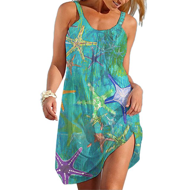 Daeful Robe d'Été à Bretelles, Robe Midi, Robes Trapèze, Femmes, Décontractée, Imprimé Floral, Évasée, Étoiles, 5TG