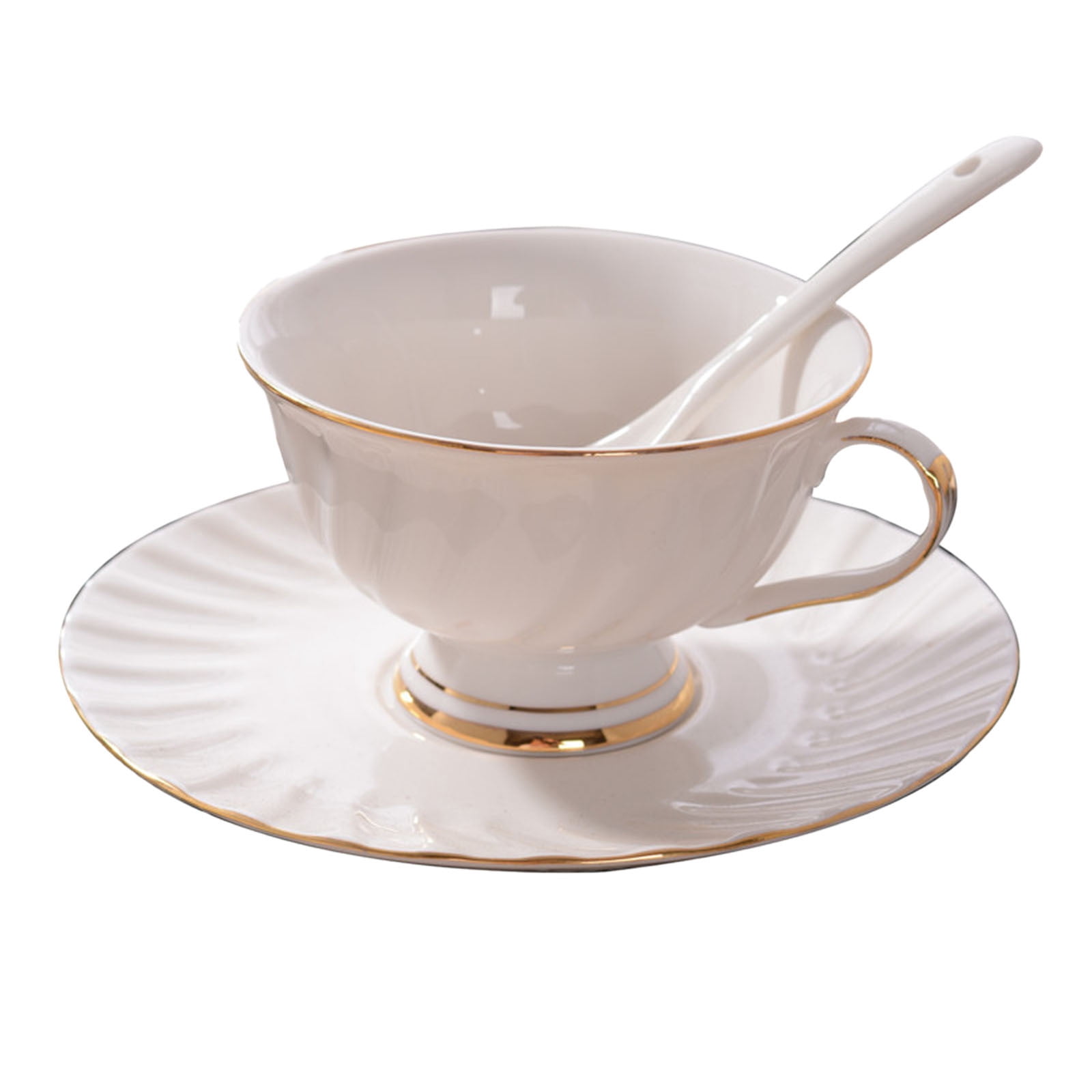 Glass&Bottle Coffee Cup Set 180 Ml with Saucer and Spoon in White with Gold Trim Non Body Design for Daily Use at Home and Café Settings Easy to Clean and User Friendly