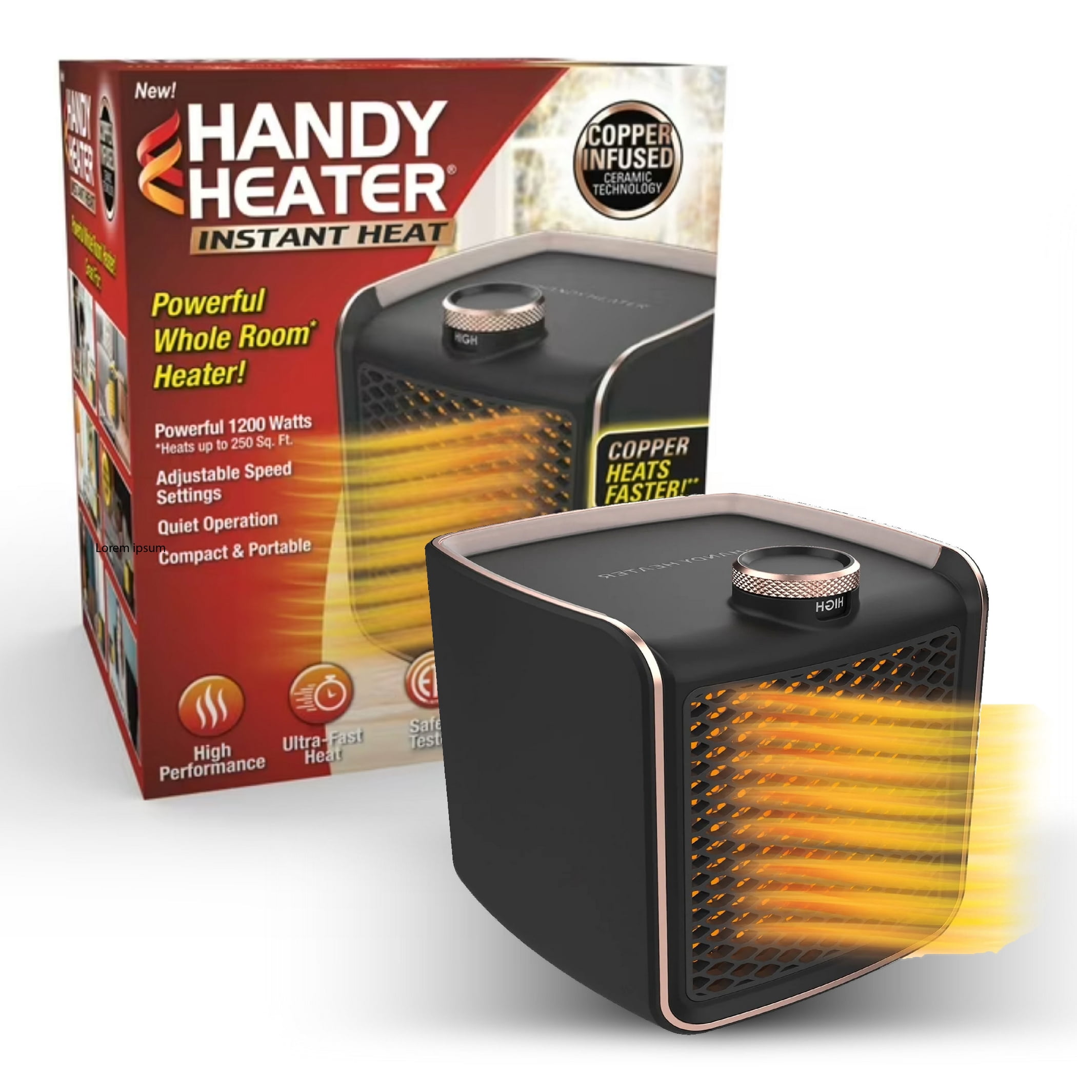 As Seen On TV Handy Heater Instant Heat Copper Infused Ceramic Portable Space Heater 1200W with Adjustable Settings