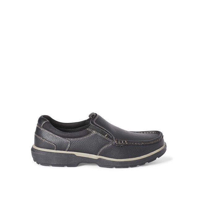 DR SCHOLLS Chaussure Décontractée pour Homme à Enfiler en Similicuir Noir avec Bout moc, Fentes Latérales Élastiquées et Semelle Extérieure en Caoutchouc durable, Montrée sur le Côté avec Profil sur Fond Blanc, Dotée d'Une Semelle Intérieure de Confort Avancé avec Talon en gel, Idéale pour le Port Quotidien et un Confort Prolongé pour la Marche.