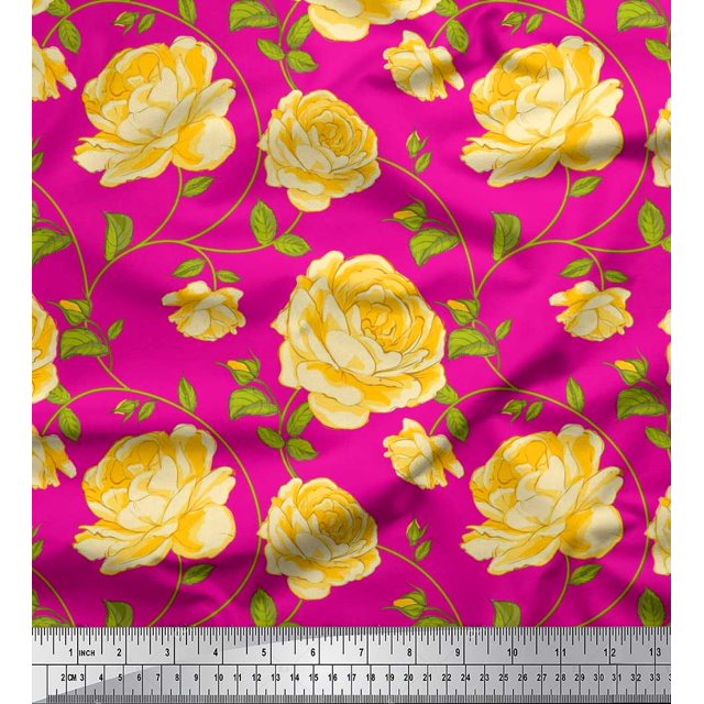 Soimoi Tissu Viscose Georgette Imprimé Feuilles & Roses Tissu de Couture au Mètre 42 Pouces de Large