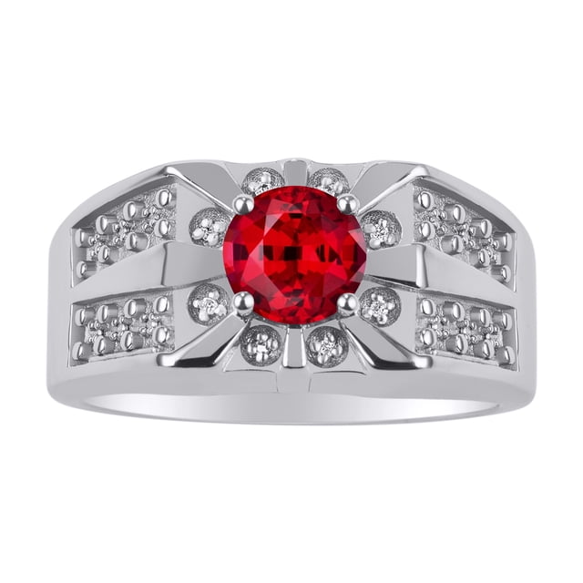 RYLOS Men's Rings Sterling Silver Designer Starburst 7MM Round Gemstone & Diamond Ring Ruby July Birthstone Rings Size 12
