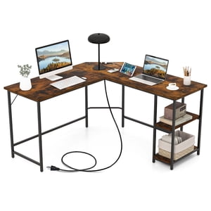 Gymax L Bureau d'ordinateur en coin façonné 54.5'' de bureau avec 2 Sorties & USB Ports