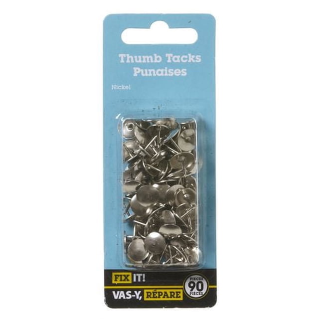 Nickel Thumb Tacks 90 Pieces in clear plastic packaging on a blue backing card, showing nickel-plated push pins with round heads suitable for fastening papers to bulletin boards in office and school environments.