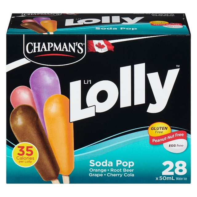 Chapman's Low Calorie Soda Pop Li'l Lolly box containing 28 water ice pops in grape, orange, cherry cola, and root beer flavours, each 50mL and 35 calories, gluten free, peanut and nut free, egg free, made in Canada, suitable for a refreshing low-calorie frozen treat.
