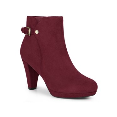 BLISSFUL STEP Round Toe Side Zip Platform Chunky Heel Ankle Boots for Women Burgundy (Size 9.5)
