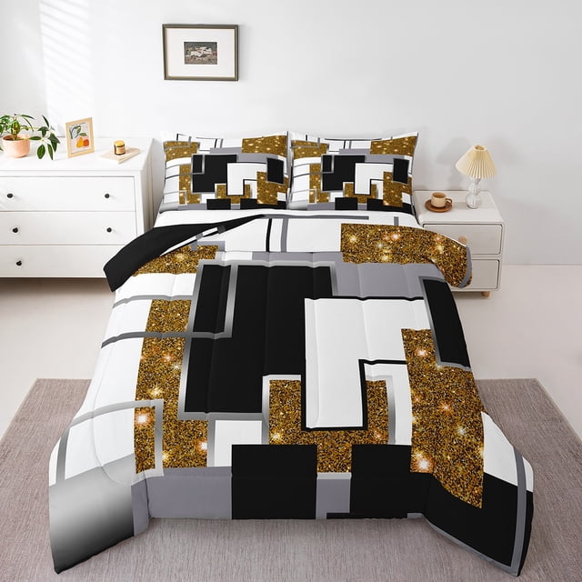 YST Abstract Geometric Comforter Set Full Yellow Black Grey White Square Bedding Set Glitter Stars Sequins Down Comforter For Kids Adults,Geometry Grids Bed Set For All Season Room Decor