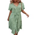 thumbnail image 4 of Femmes Bouton vers le Bas Midi Robe à Manches Courtes Imprimé Floral Ceinture en Vrac Robe Chemise Jaune M, 4 of 8