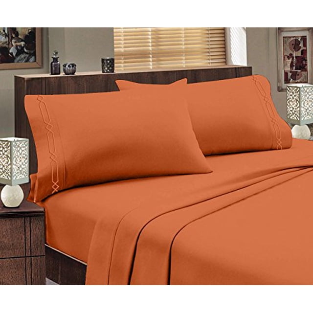 Hotel Luxurious, 1800 Series Super Soft Embroidery 4 PC Sheet Set (King, Orange)