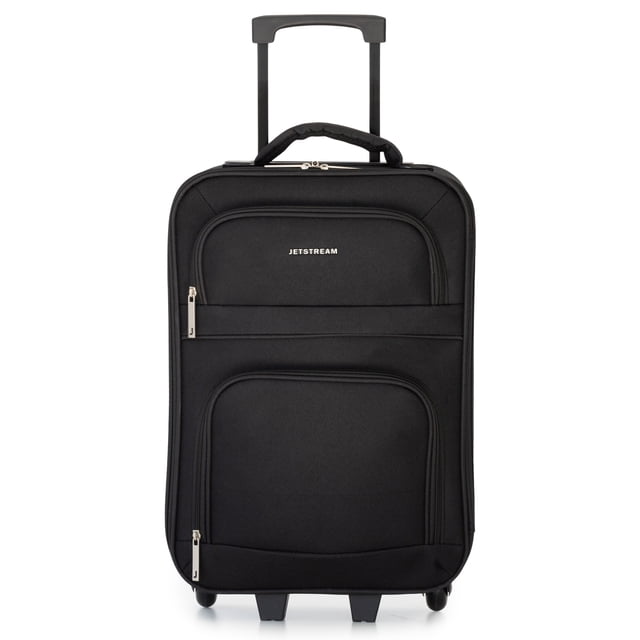 Jetstream Softside Carry-On Luggage in black polyester with a front-facing view, featuring a retractable handle, two inline wheels for smooth rolling, dual front zippered pockets for organized storage, and a padded top handle, ideal for convenient travel and meeting Canadian carry-on size requirements.