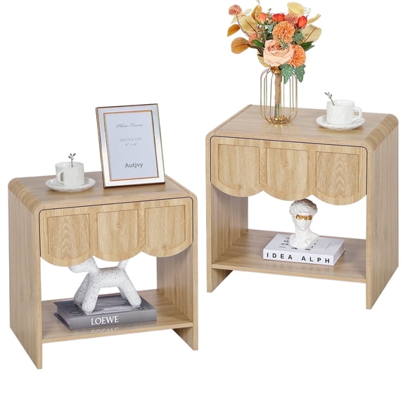 Wirrytor Farmhouse Natural Oak Fluted Nightstands Set of 2, Mid-Century Chic End Table with Drawer and Open Shelf Storage, Curved Edge Bedside Table for Bedroom Living Room