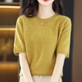 thumbnail image 5 of AherBiu Hauts d'Été pour Femmes Col Rond Manches Mi-Longues Chemises Unies Décontractées Coupe Ample T-Shirts Basiques Blouses, 5 of 5