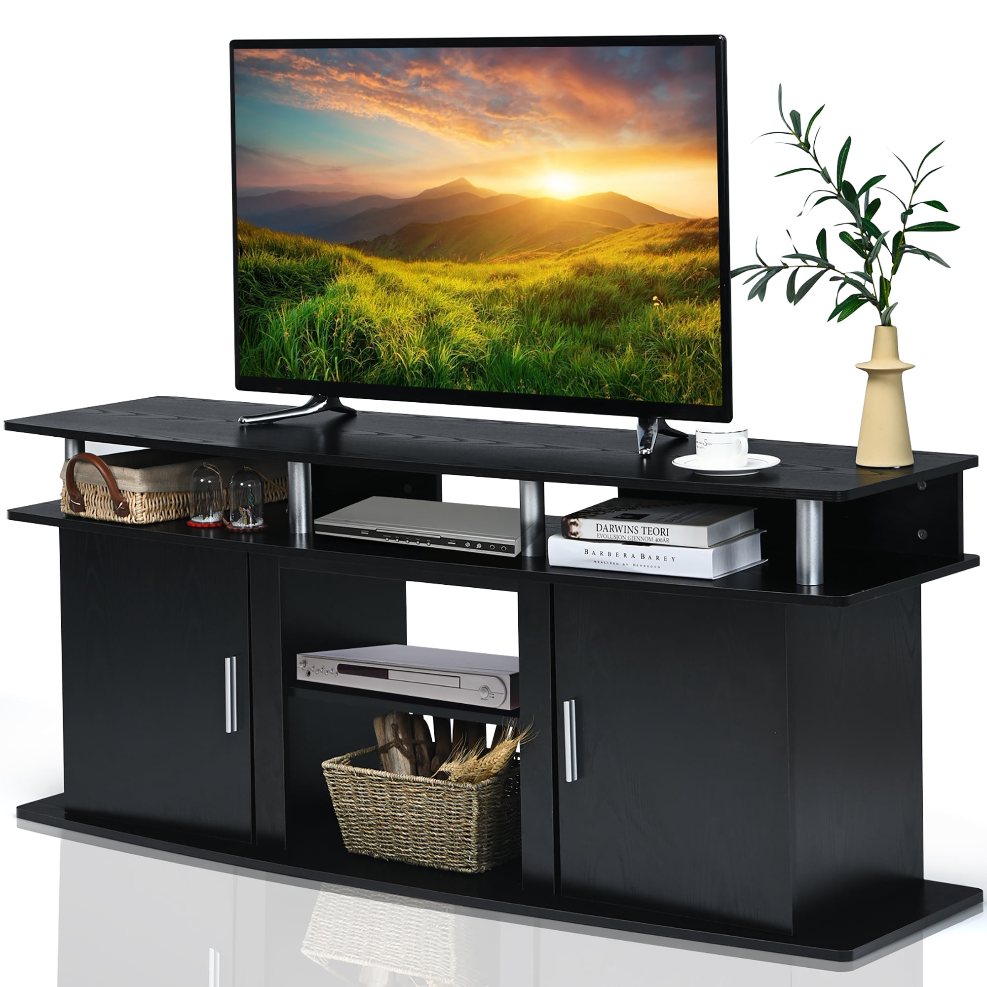 Costway Meuble TV de 63 po Centre de divertissement avec 2 cabinets pour téléviseurs jusqu'à 70 po Noir