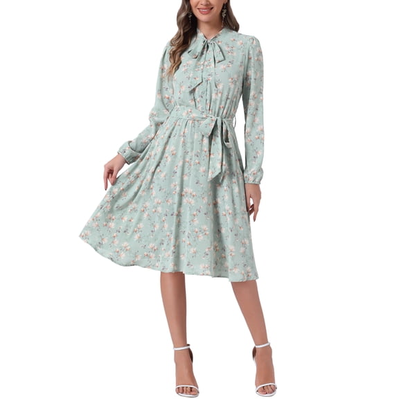 INSPIRE CHIC Women's Tie Neck Dresses Chiffon Long Sleeve Belted Vintage Floral Dress M Light Green