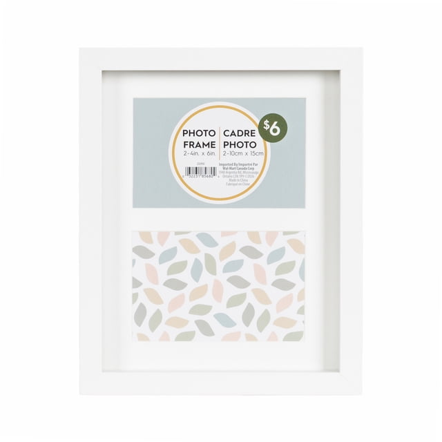 DesignOvation MacIntyre 2-Opening 4x6 White Picture Frame with a white finish, holding two 4x6 inch photos with a mat or one 8x10 inch photo without, shown front-facing with a label in the top opening and a pastel leaf pattern in the bottom, ready to hang horizontally or vertically with an easel for tabletop display, ideal for photo collages.